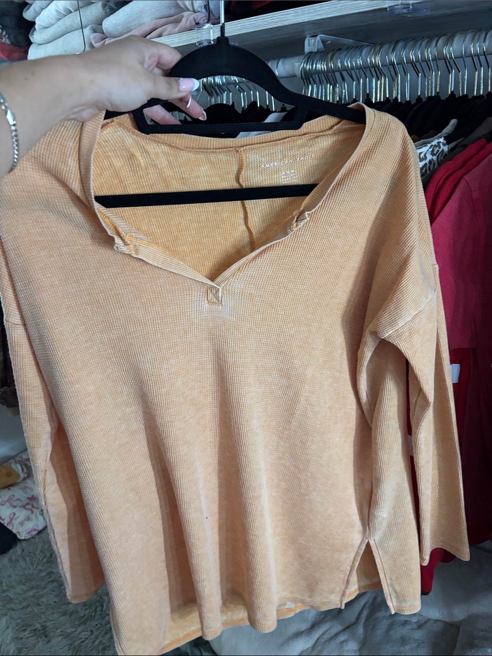 American Eagle Outfitters Washed Peach V-Notch Long Sleeve Top